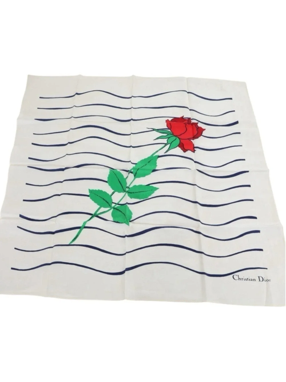 Christian Dior Vintage Striped Rose Silk Scarf Size 21” White Blue Red